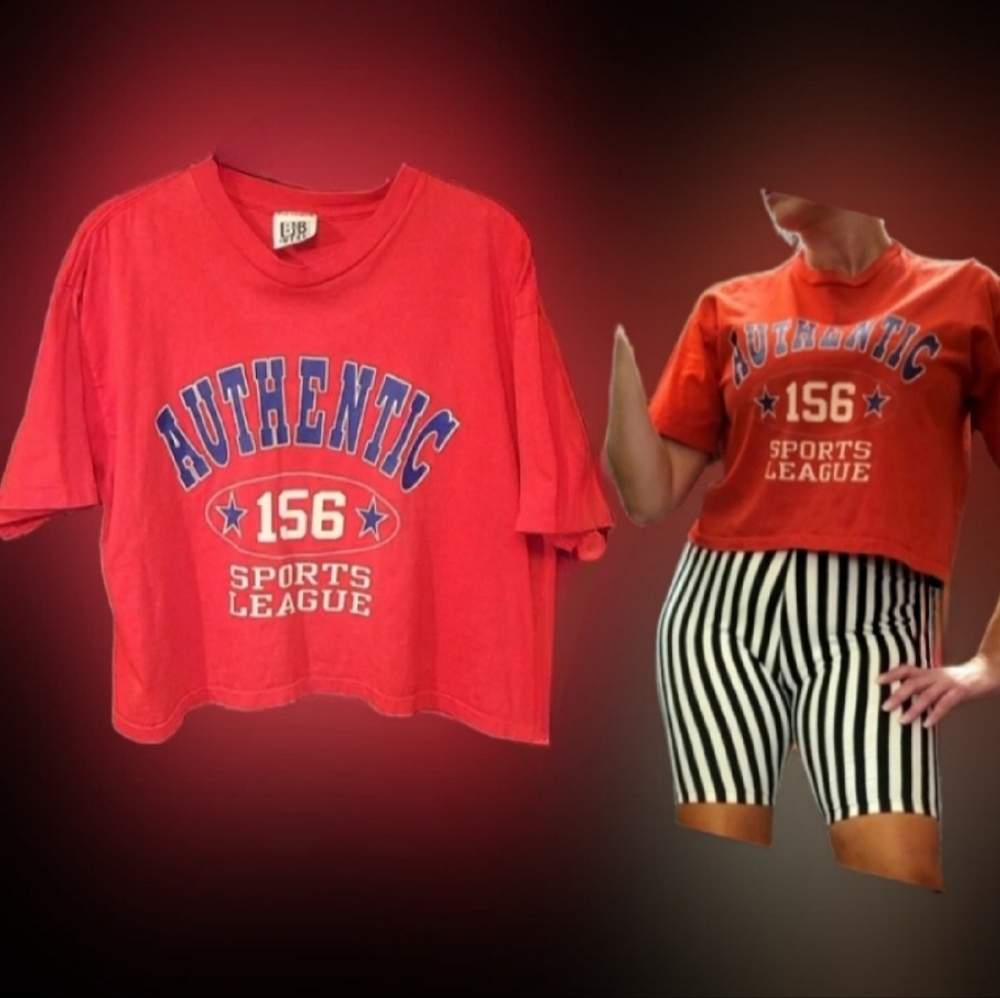 Vtg 90s BB Wear red authentic sports blue stars graphics oversized crop top L